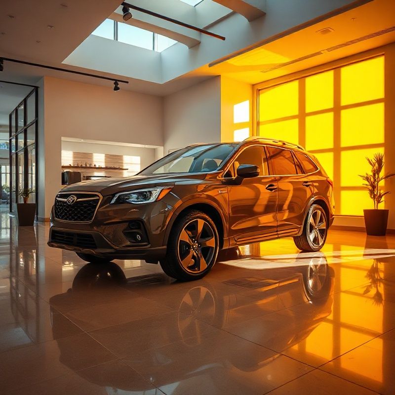 A brand-new SUV in the amber-gold Betalastro showroom