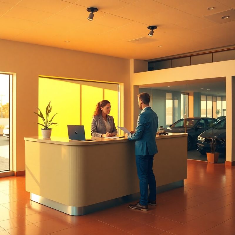 An advisor and customer reviewing finance paperwork in the amber-gold Betalastro showroom