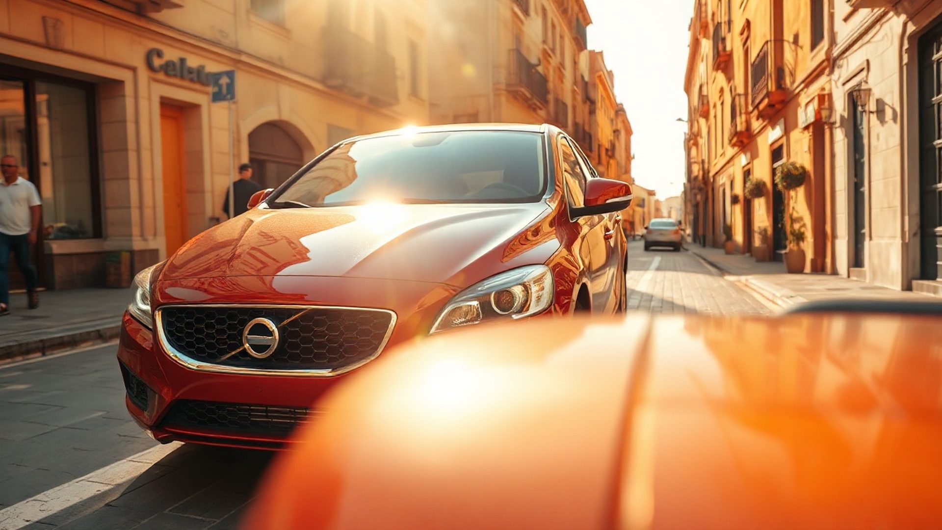 A gleaming car on a warm Sevilla street at golden hour